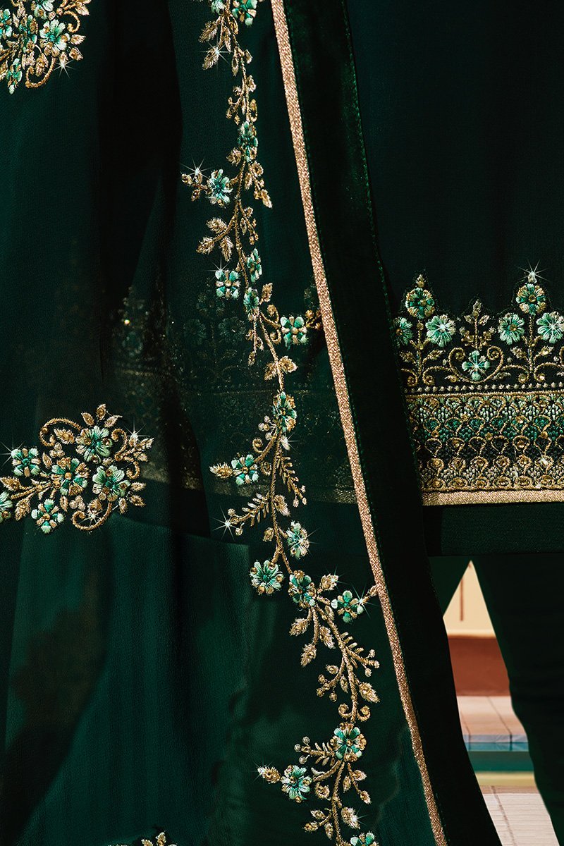 Pine-Green Pure Georgette Suit with Embroidery and Swarovski Work