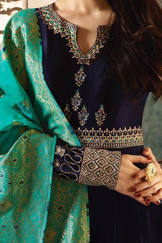 Navy Blue And Turquoise Motif Embroidered Party Wear Anarkali Suit