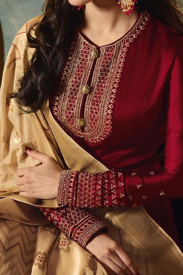 Maroon And Cream Motif Embroidered Ghera Party Wear Anarkali Suit