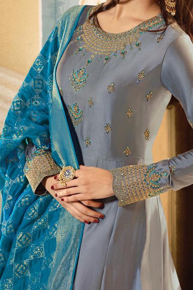 Slate Grey And Blue Motif Embroidered Ghera Party Wear Anarkali Suit