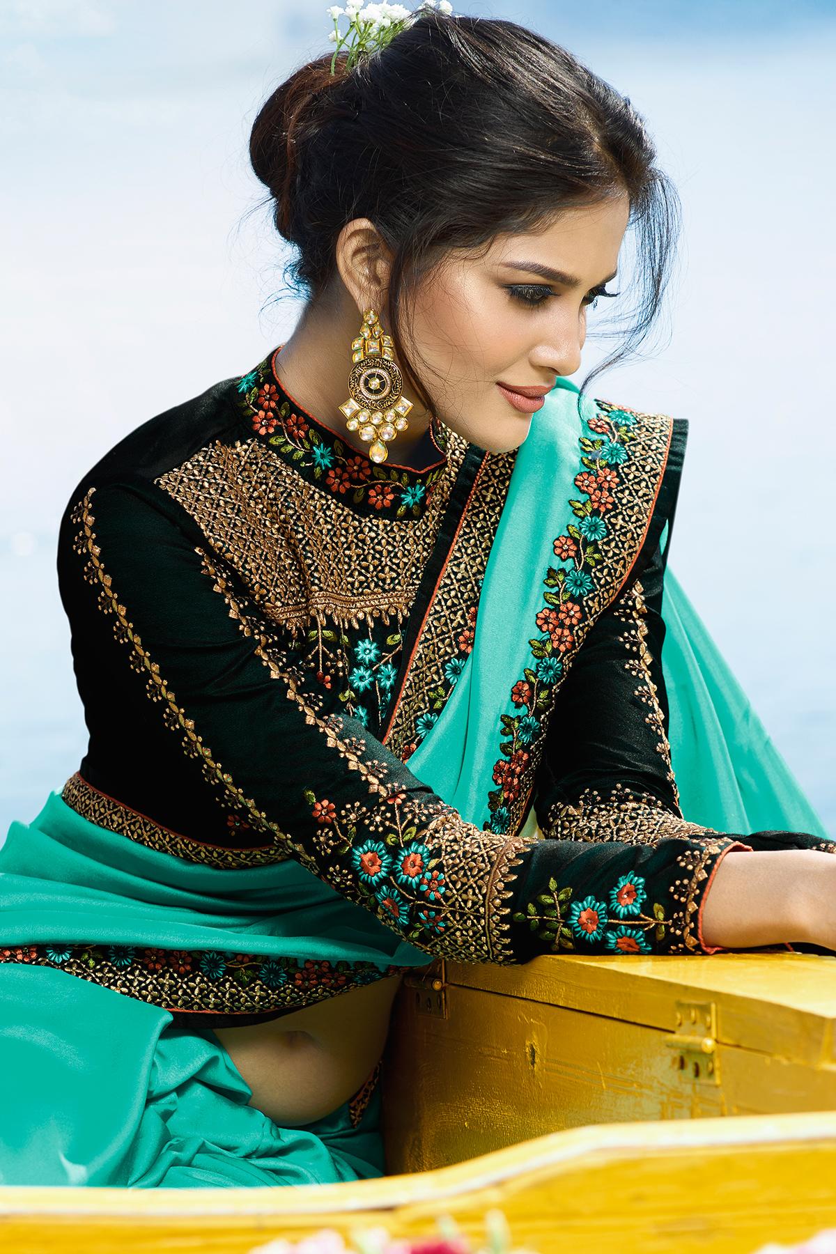 Sky Blue and Pine Green Designer Silk Sari