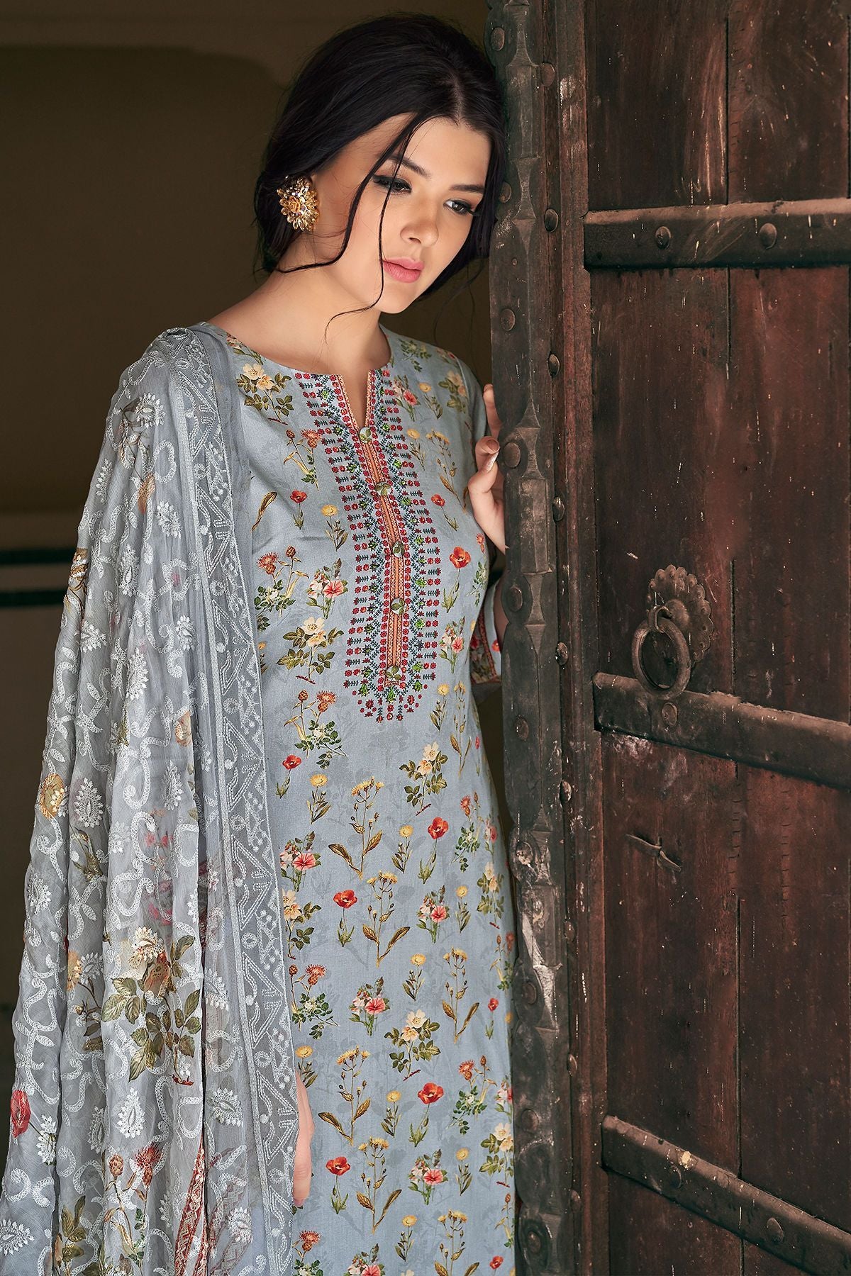 Sliver Grey Cotton casual Wear Straight Suit