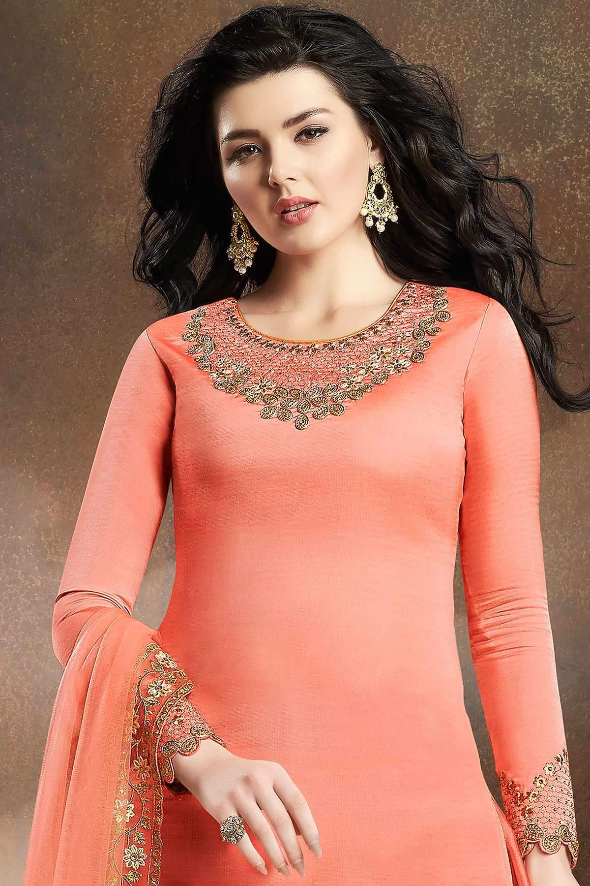 Strawberry Pink Designer Embroidered Silk Sharara Suit
