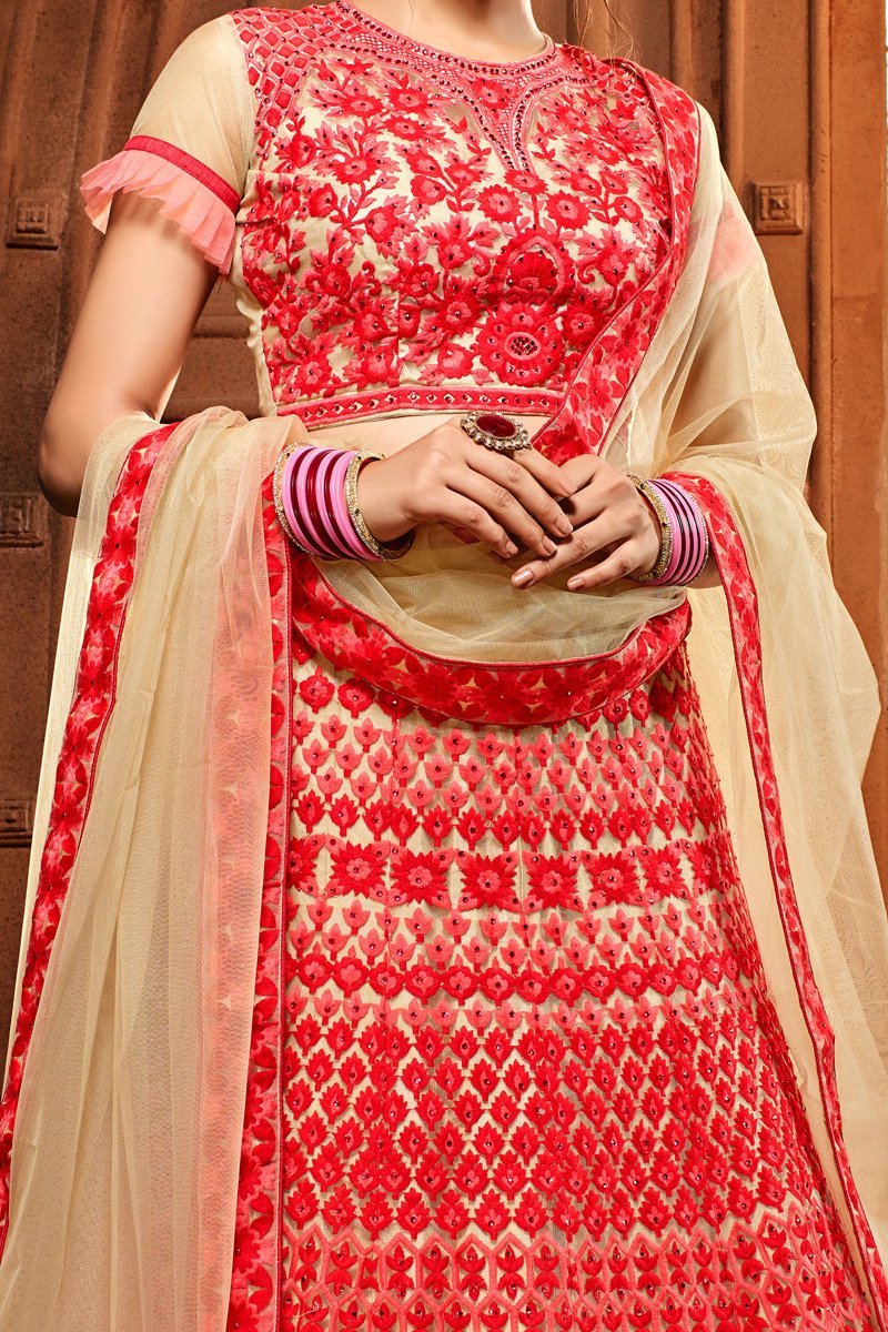 Off-White Lehenga set with heavy threadwork in Red
