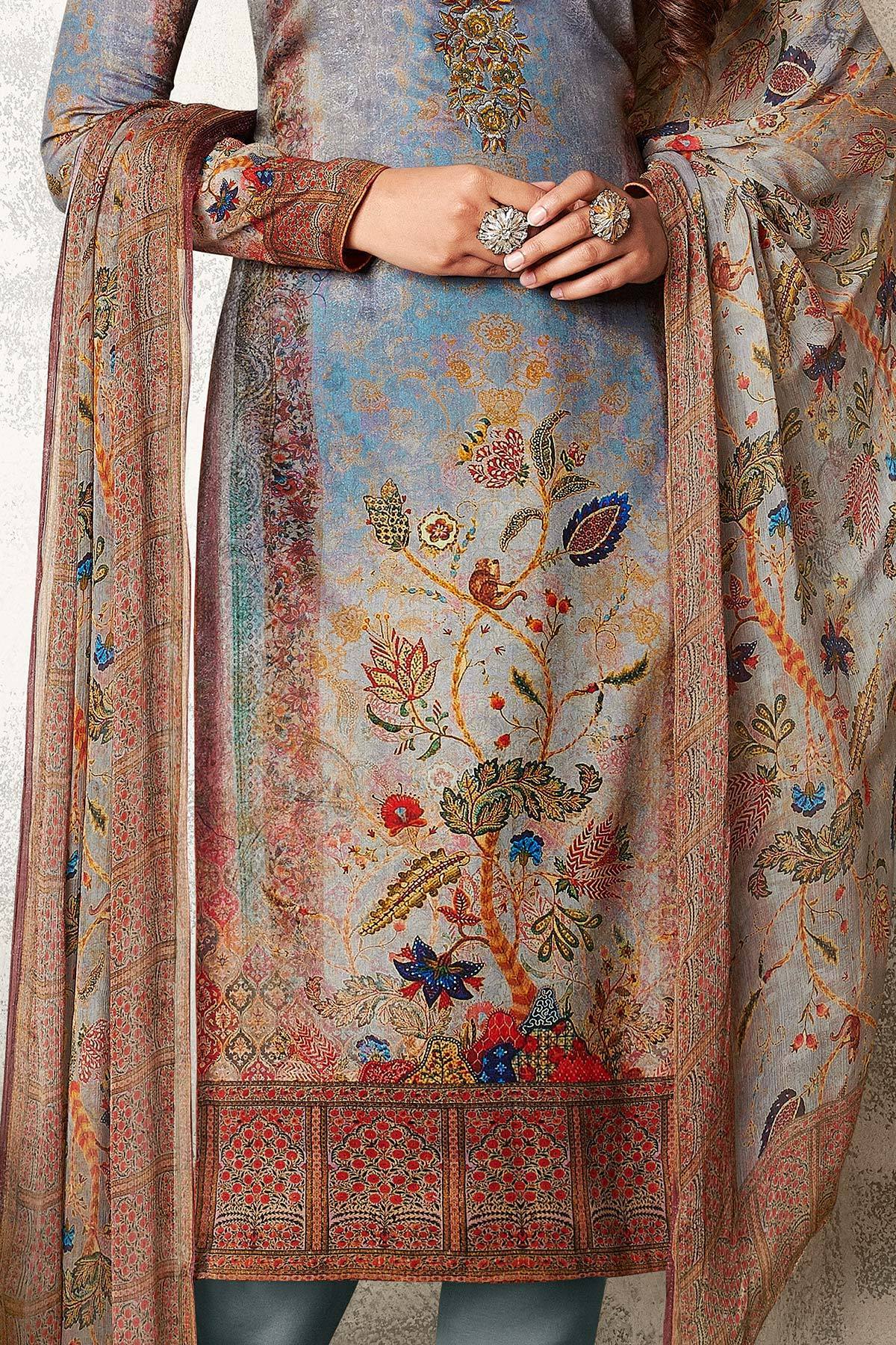 Gray Blue Satin Printed Suit with Dupatta