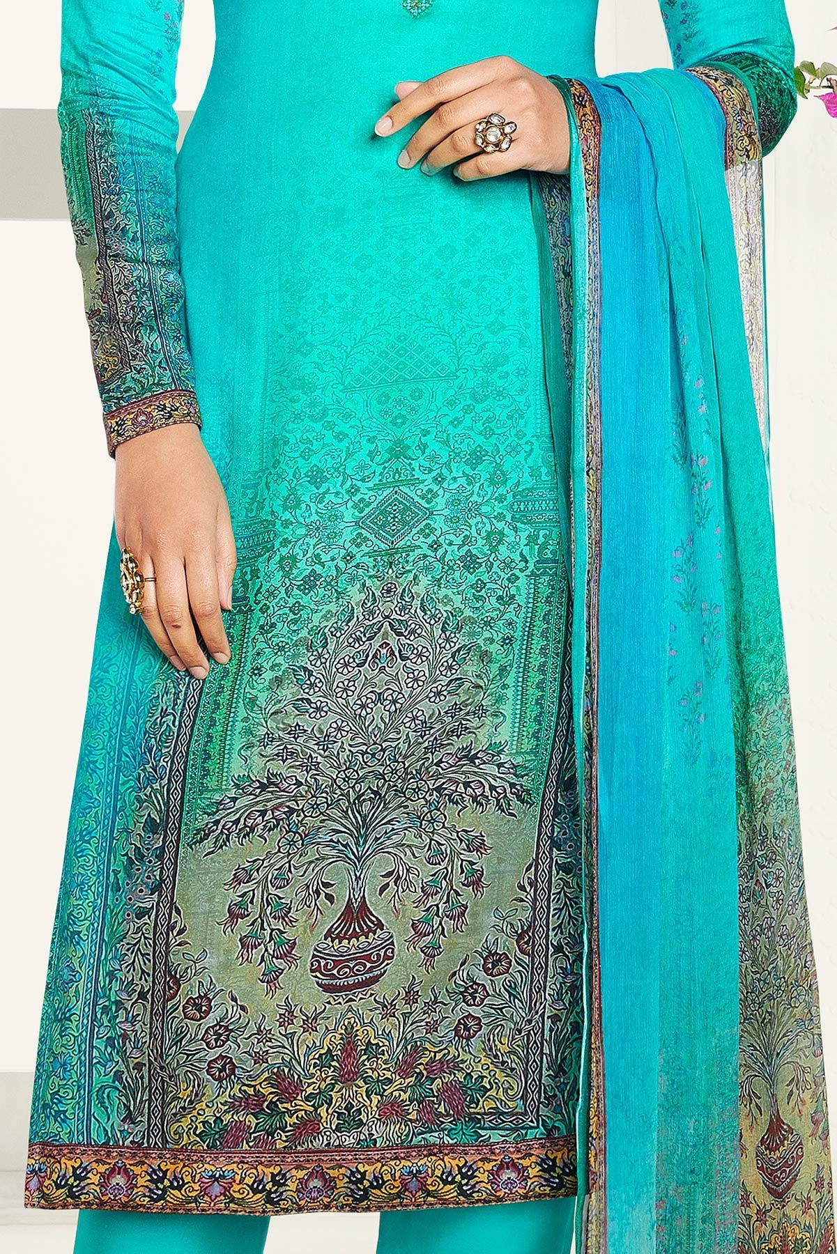 Turquise Blue Satin Printed Suit