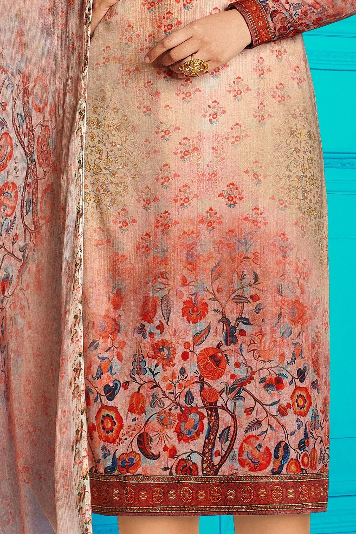 Brown Satin Printed Suit with Peach shade Dupatta