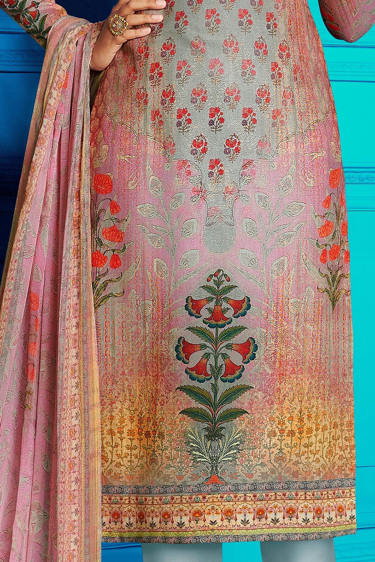 Gray Brown Satin Printed Suit with Dupatta
