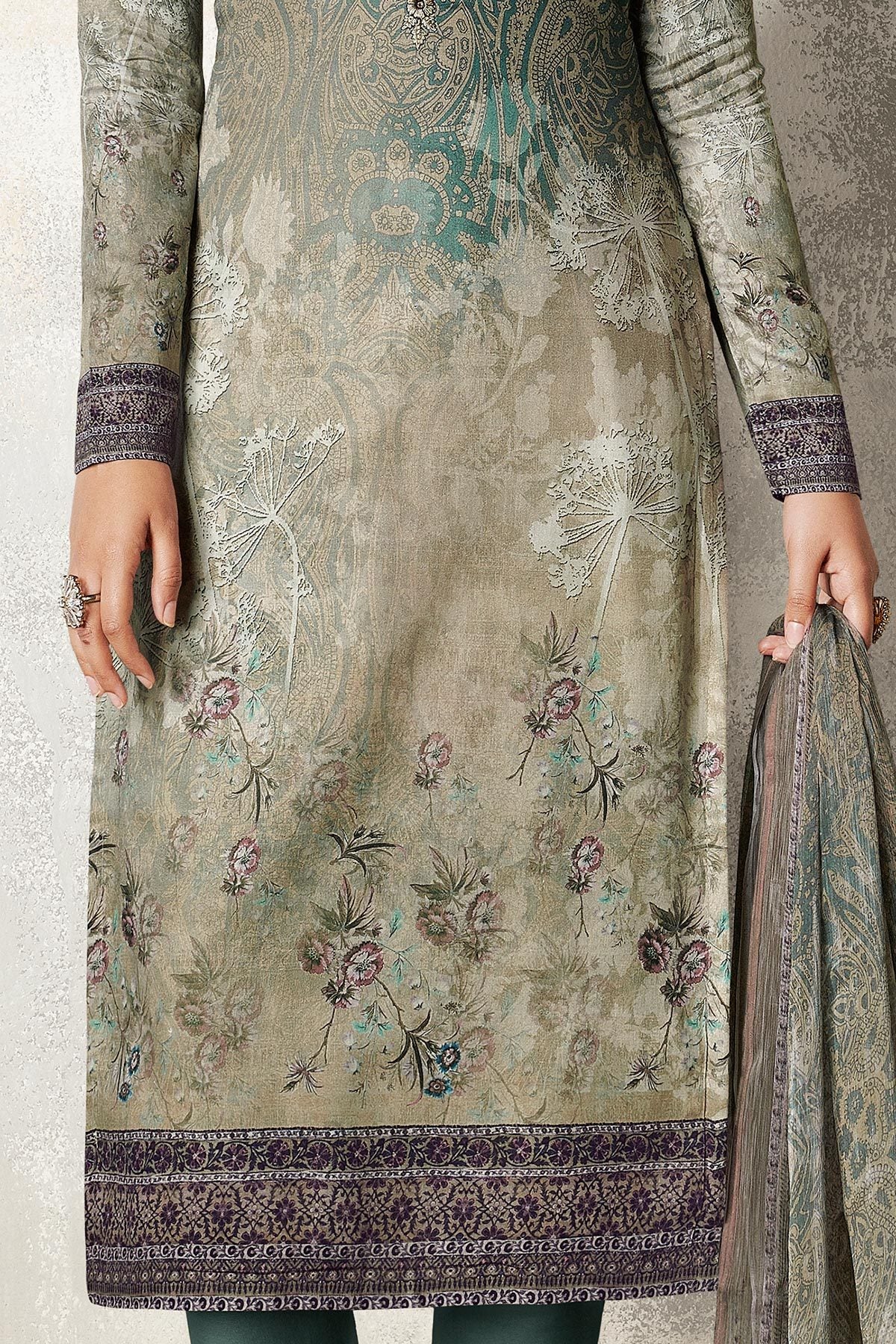Gray and Lavender shaded Satin printed Suit