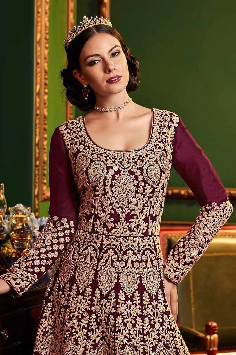 Burgundy All Over Traditional Embroidered Designer Anarkali Suit