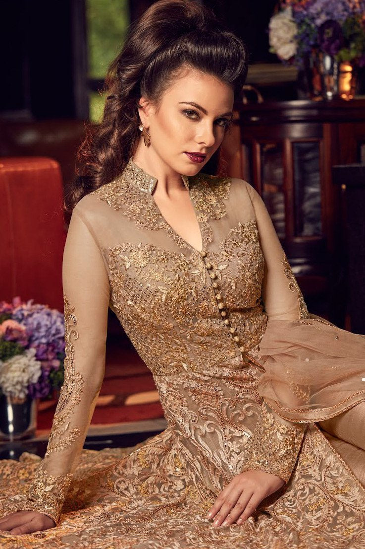 Pastel Orange With Golden Embroidered Party Wear Anarkali Suit