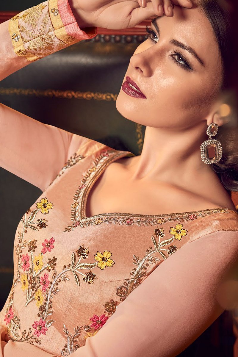 Peach Multi Embroidered Flared Designer Anarkali Suit