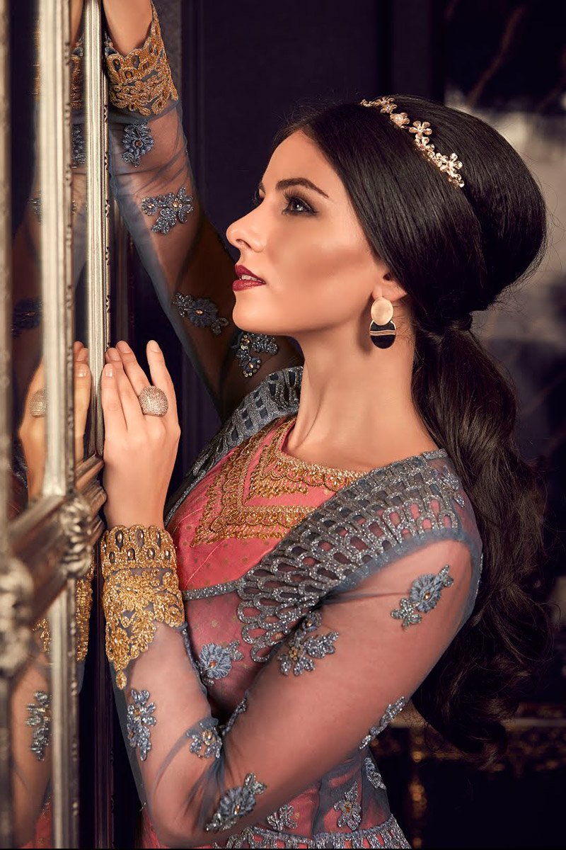 Peach And Grey Minimalist Embroidered Jacket Style Anarkali Suit