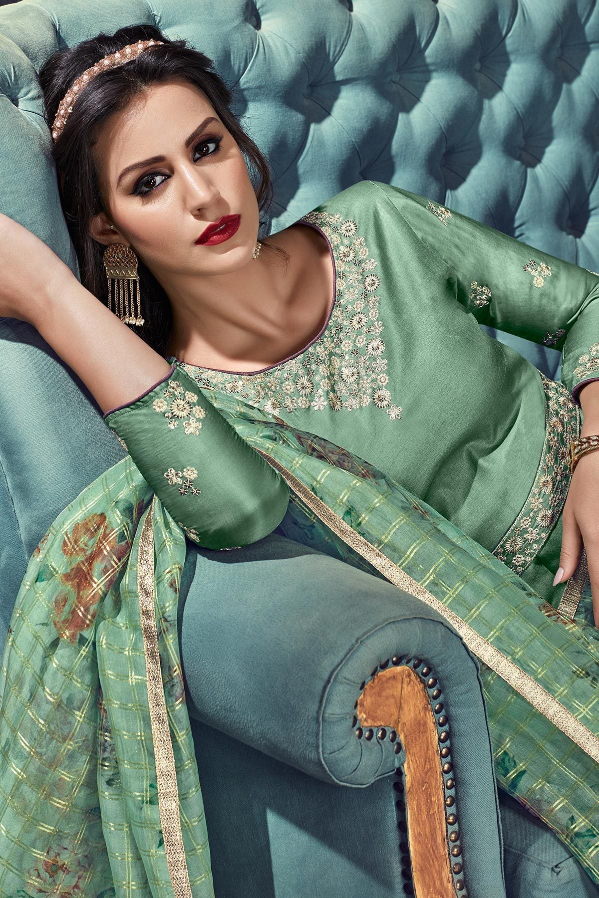 Tussar Silk Anarkali suit in Spring Green color