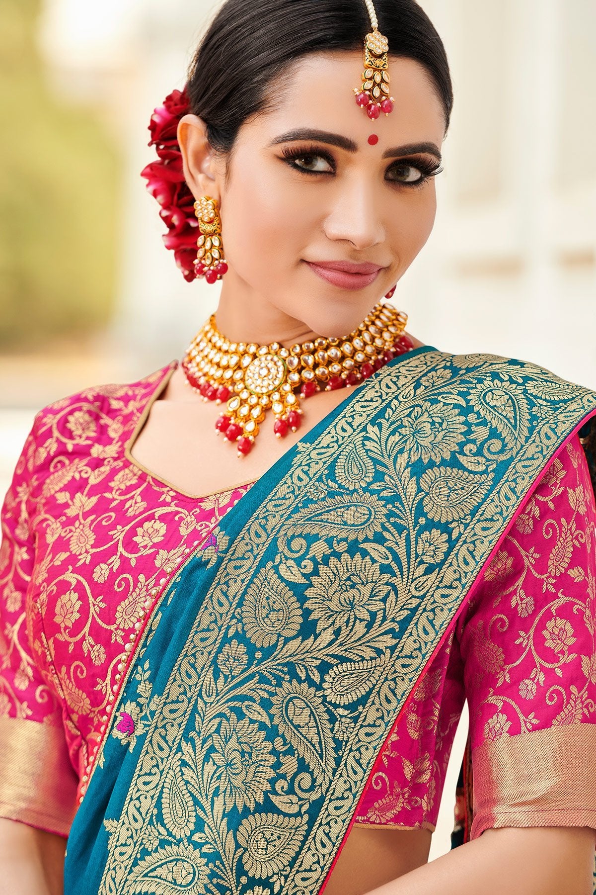 Prussian Blue and Magenta Designer Silk Saree
