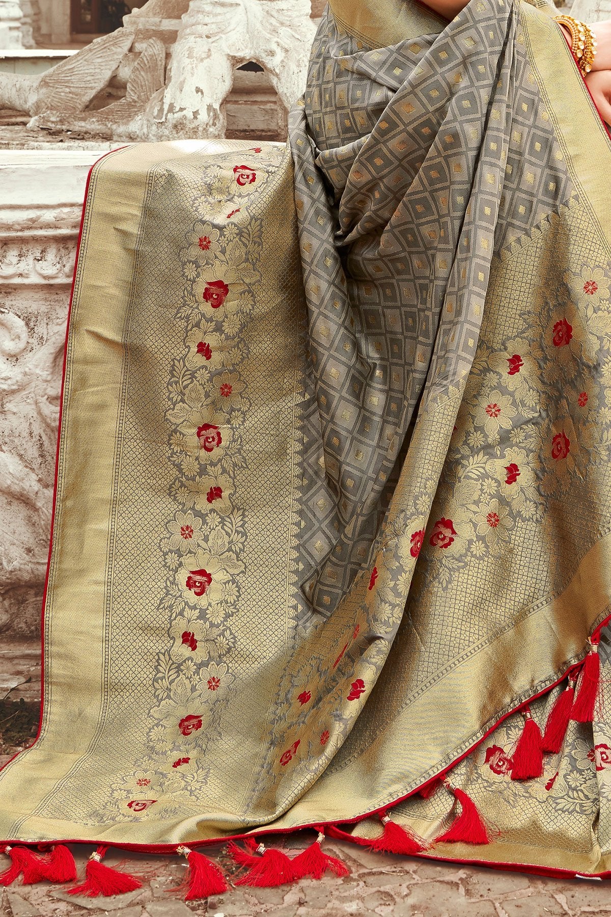 Grey and Candy Red Designer Silk Saree