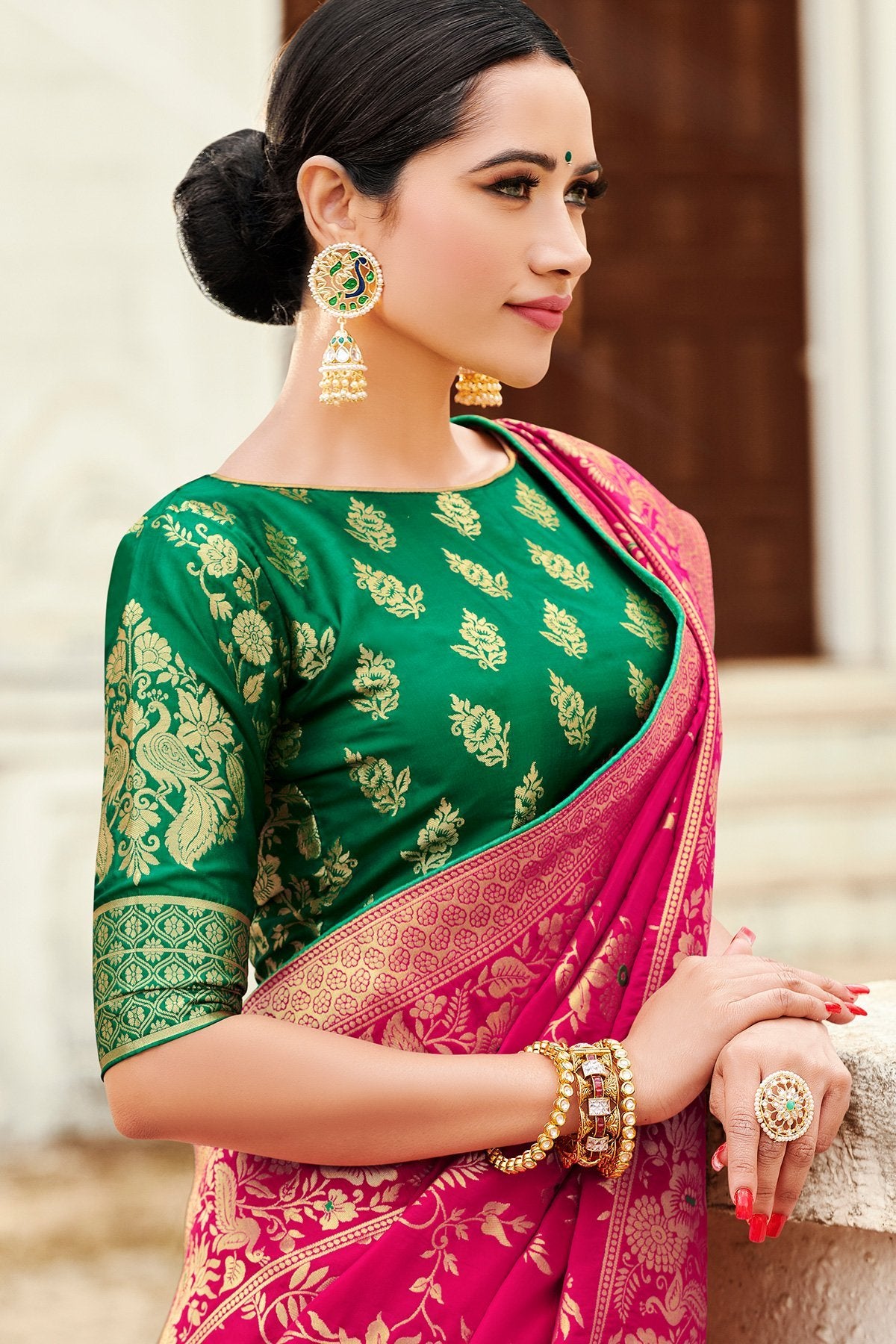 Magenta and Green Designer Silk Saree