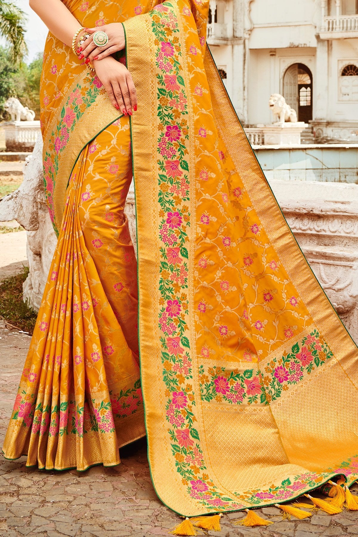 Yellow and Peach Designer Silk Saree
