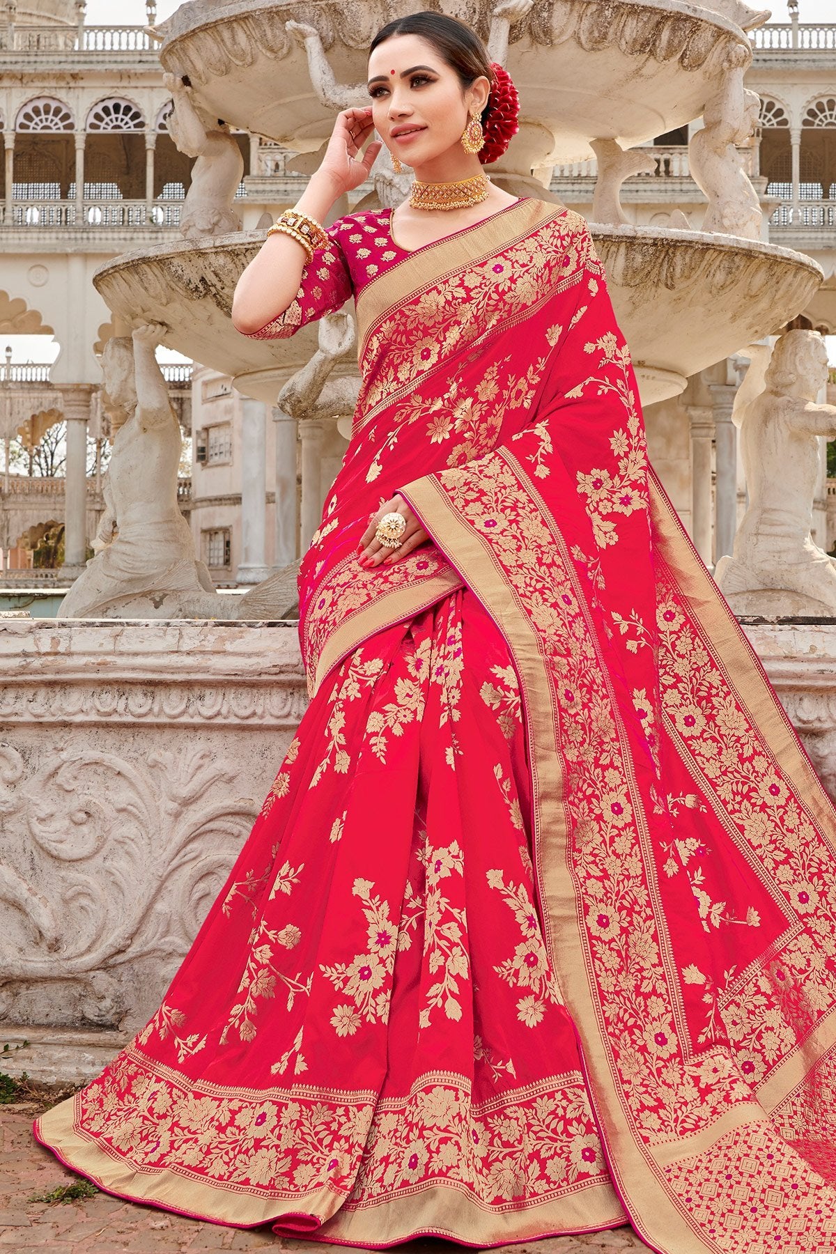 Scarlet Red Designer Silk Saree