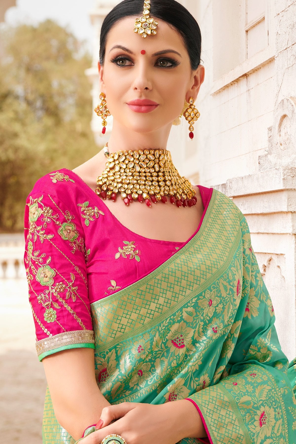 Fern Green and Magenta Designer Silk Saree