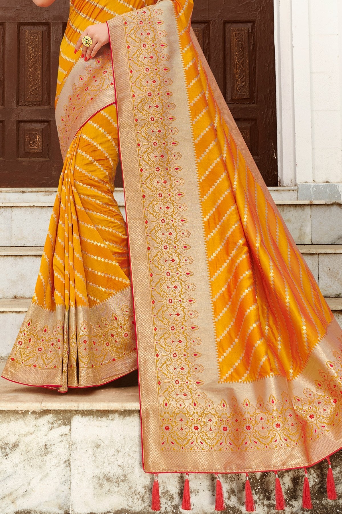 Mustard Yellow and Scarlet Red Designer Silk Saree