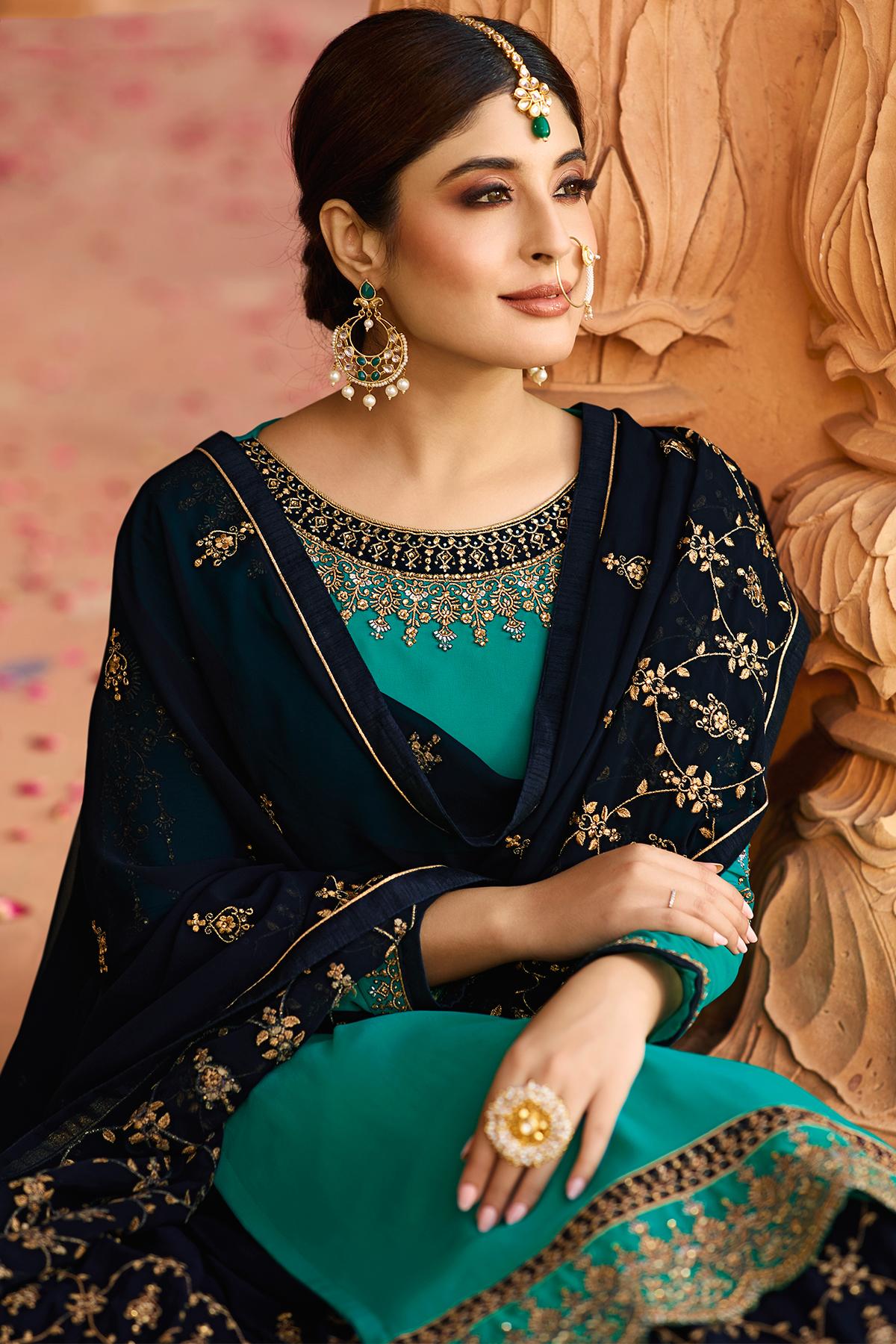 Teal and Blue Georgette Lehenga Style Suit