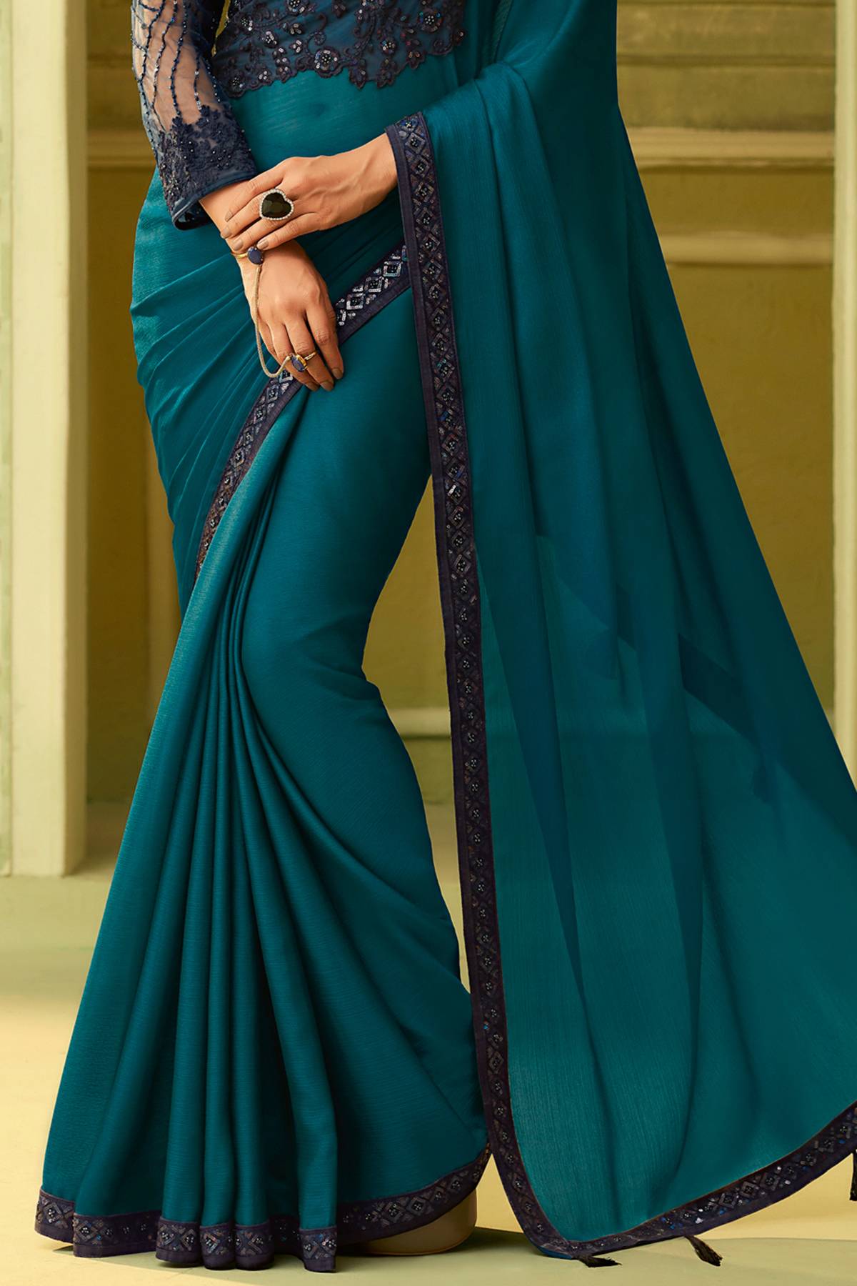 Teal And Denim Blue Designer Silk Sari