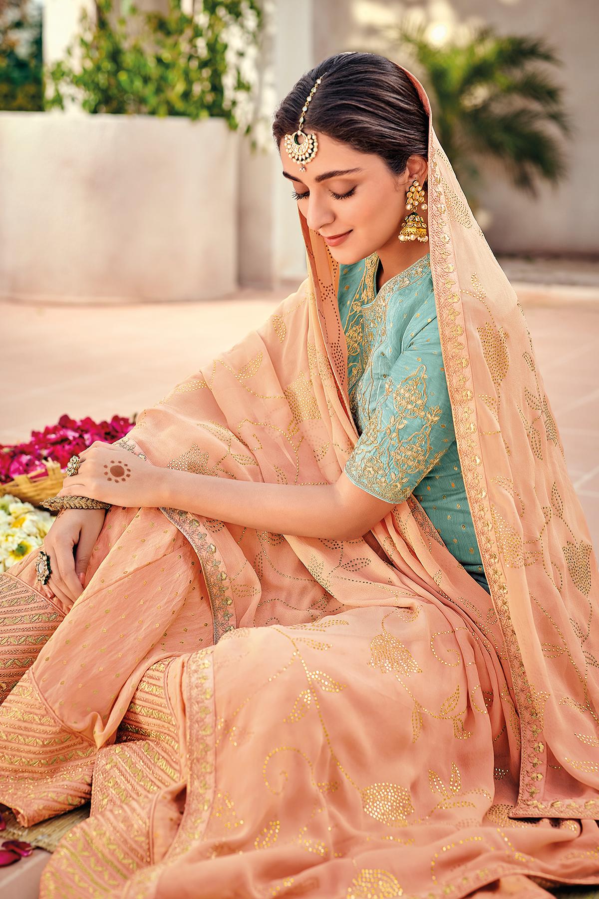 Teal Blue And Peach Designer Palazzo Suit