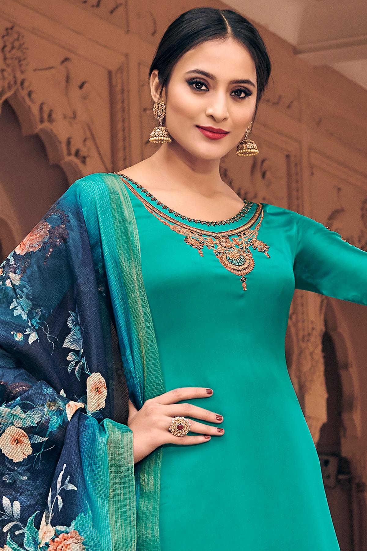 Teal Blue Traditional Party Wear Palazzo Suit
