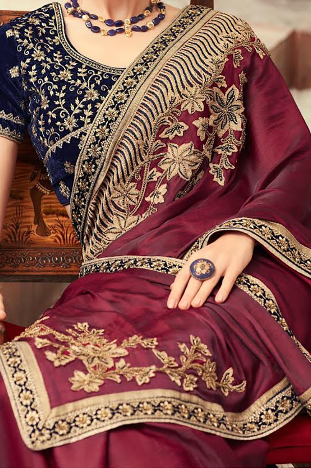 Maroon-Navy Blue Party Wear Embellished Saree