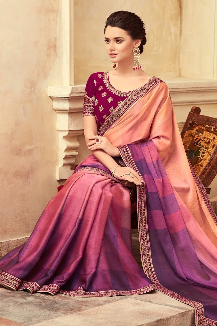 Peach and Pink Party Wear Embellished Saree