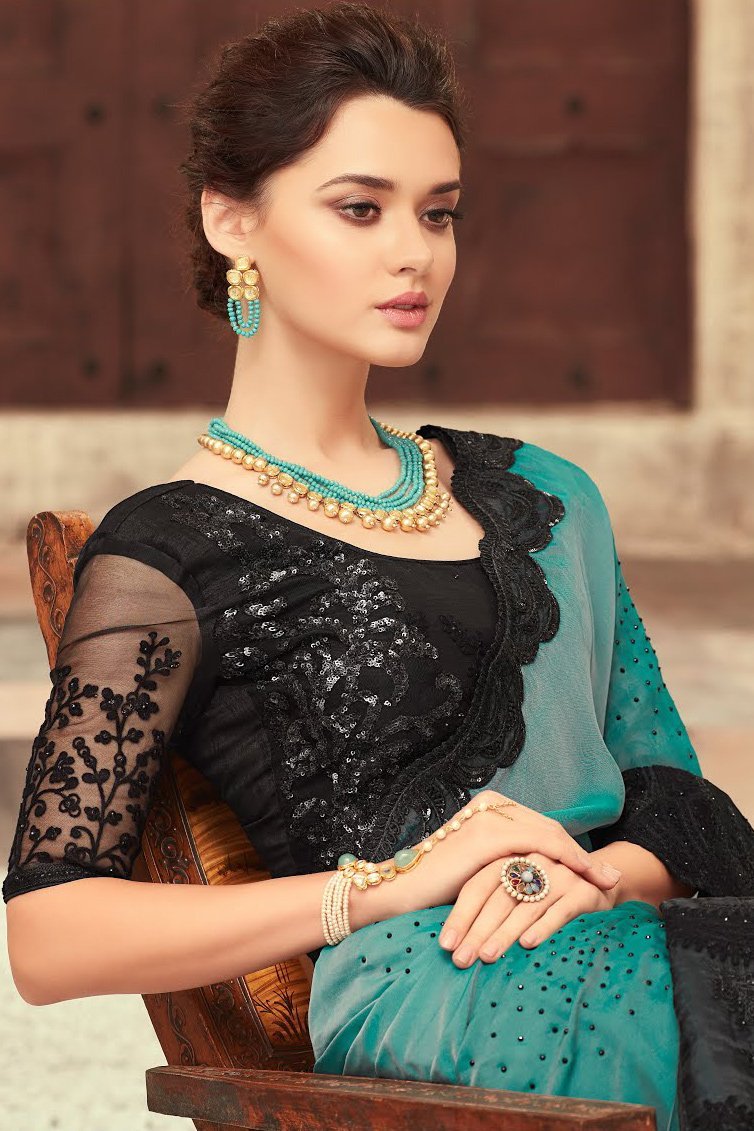 Sea Green and Mid-Night Black Party Wear Embellished Saree
