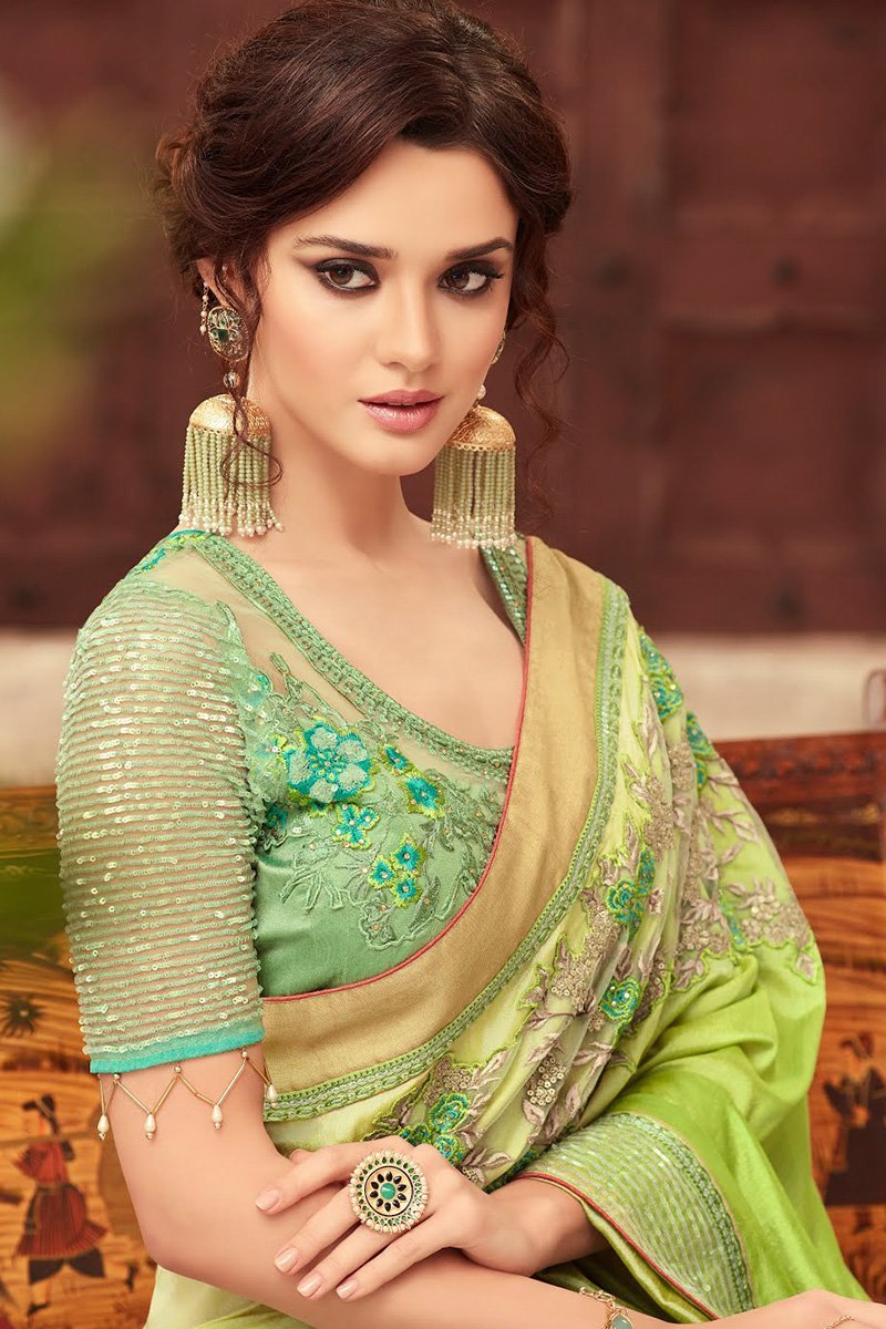 Green Party Wear Embellished Saree