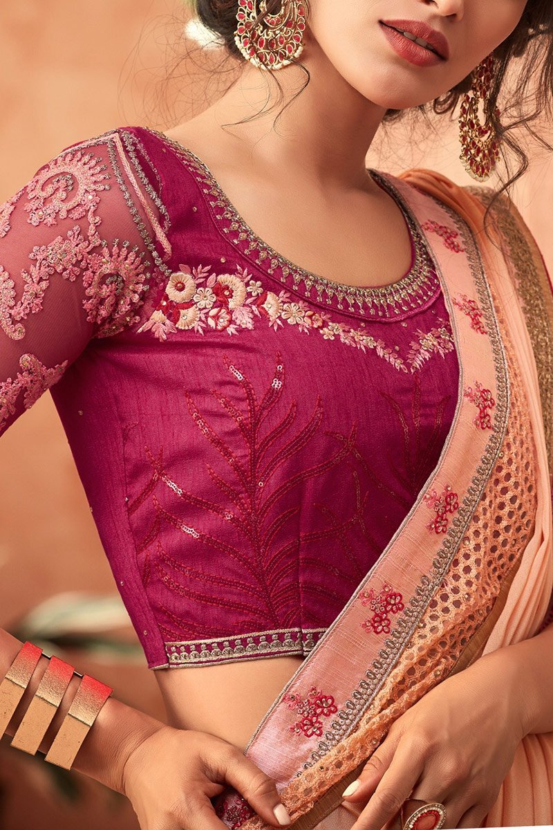 Powder-Pink Glitter Georgette Saree With Magenta Blouse
