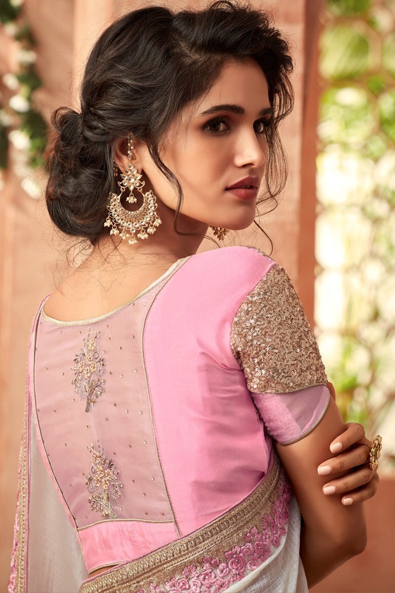 Pearl-white Super Silk Georgette with Flamingo-pink Blouse