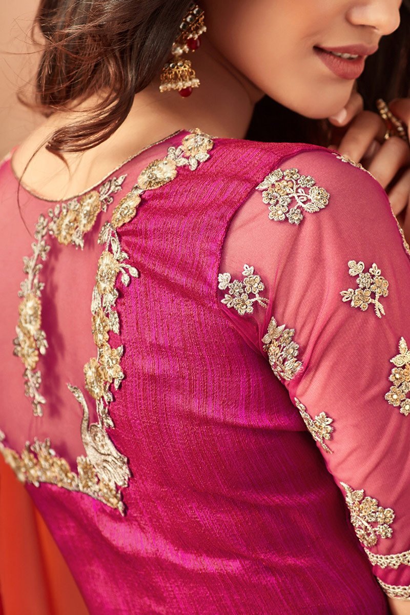 Scarlet-Orange Korian Silk Chiffon with Magenta Blouse
