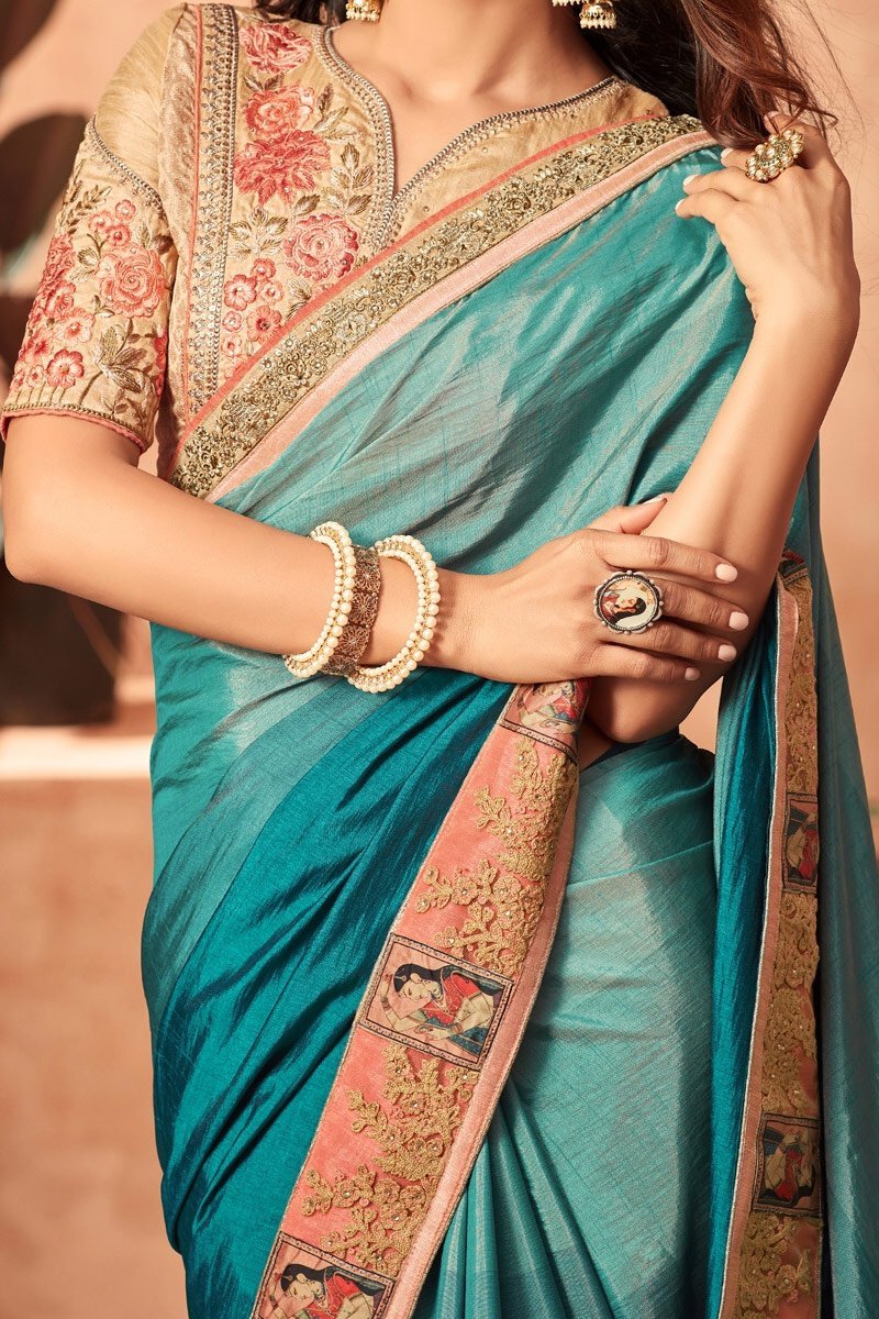 Tiffany-Blue Fusion Silk saree with Heavy Blouse
