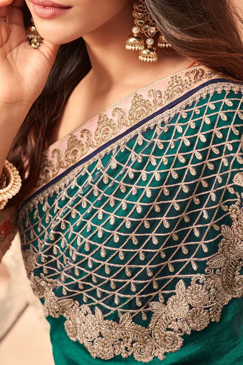Ocean-Blue Nyraa Silk saree with Lavender-Pink Blouse