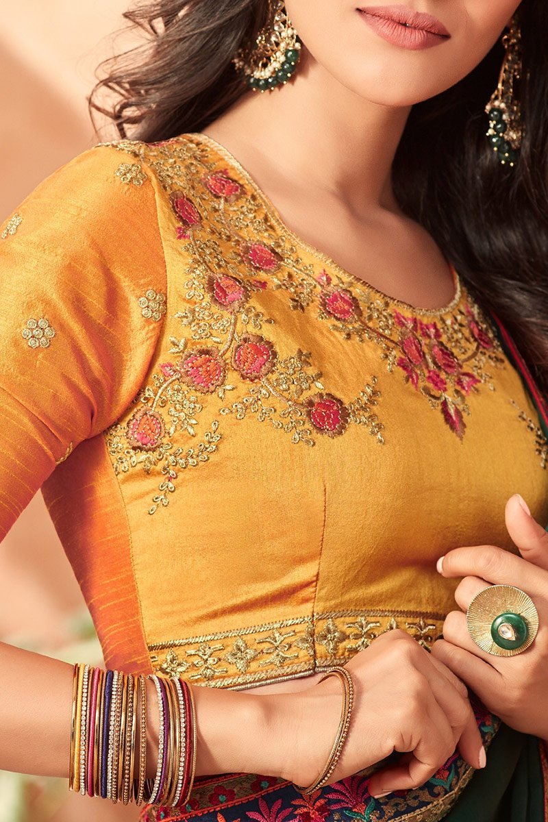 Pine-Green SunShine Silk saree with Amber-Orange Blouse