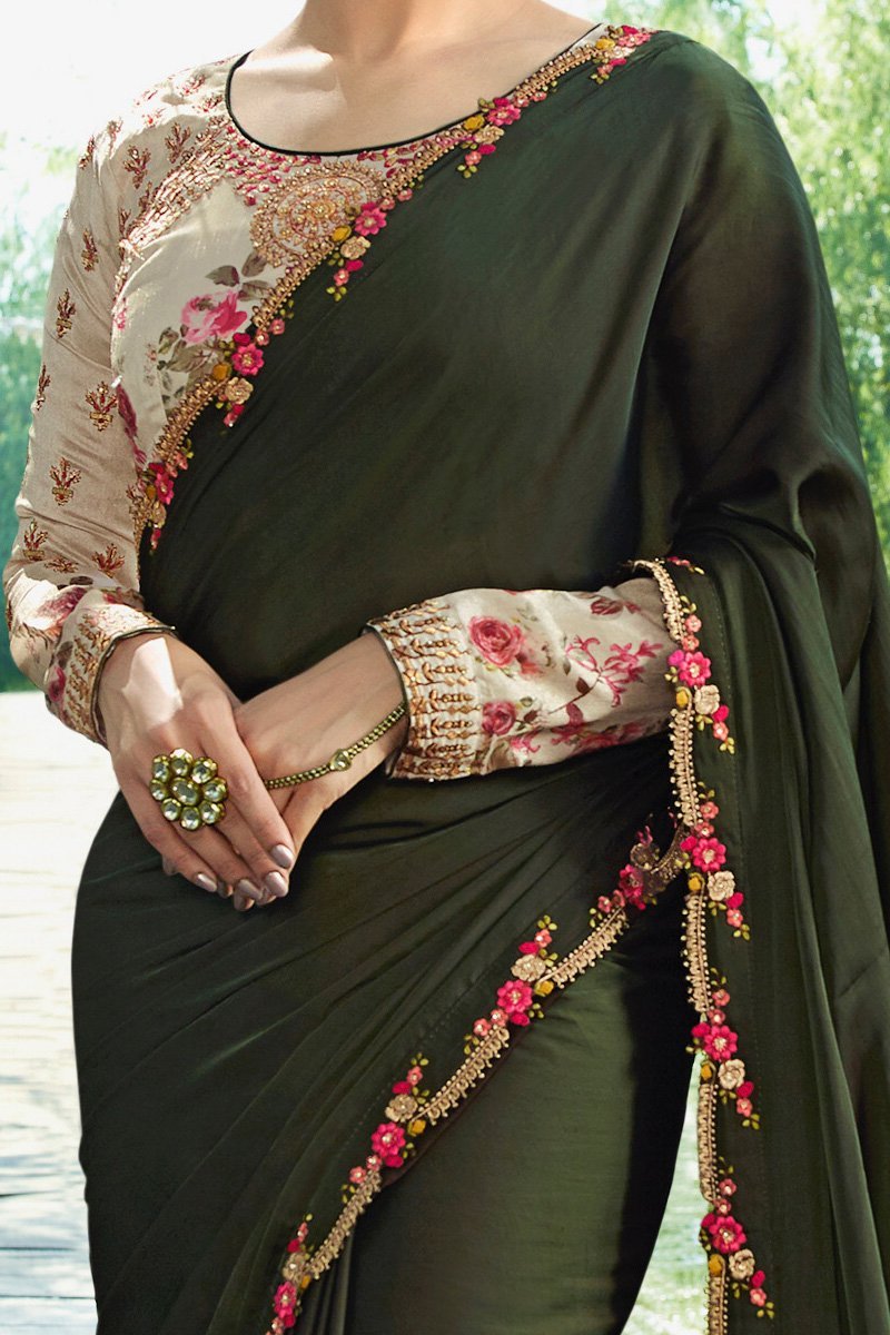 Hash Brown Silk Saree with Full Sleeved Blouse