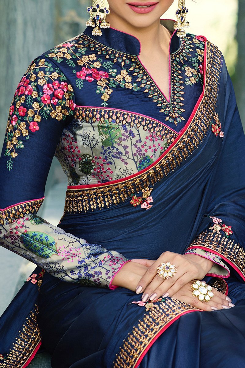 Navy-Blue Silk Saree Heavy Embroidered Blouse