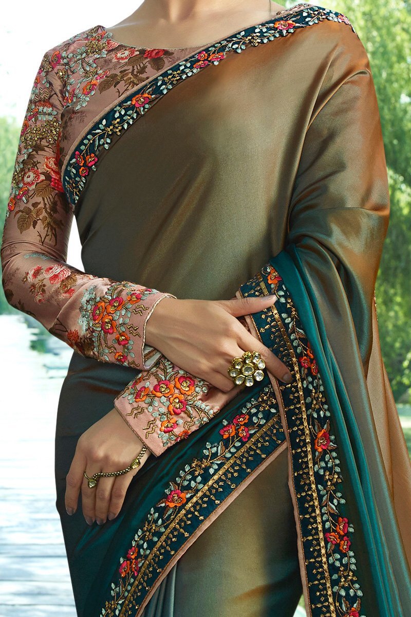 Sea-Blue Silk Saree with Full Sleeved Blouse