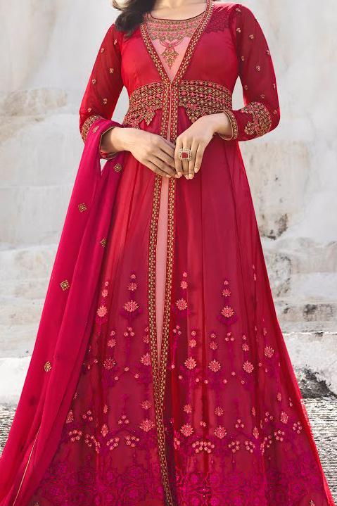 Rose-Red and Pink Net and Silk Anarkali Suit
