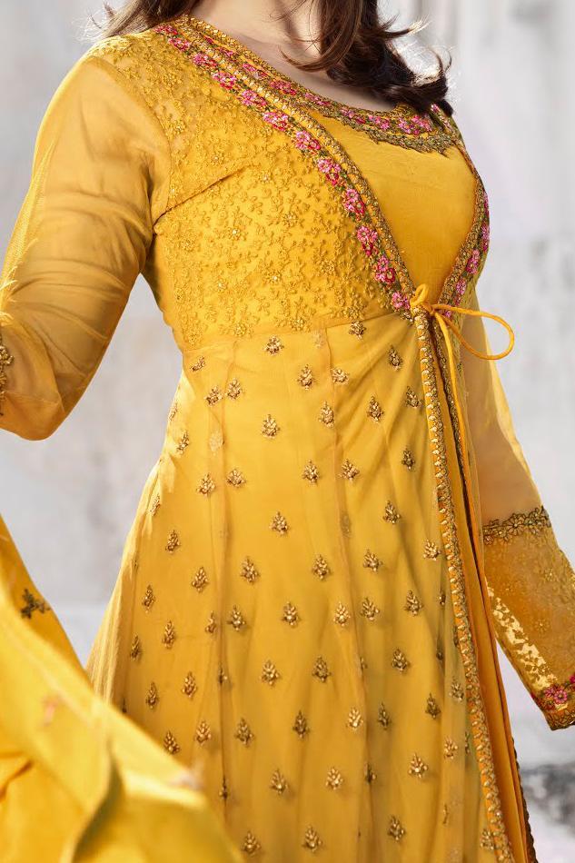Saffron-Yellow Net and Silk Anarkali Suit