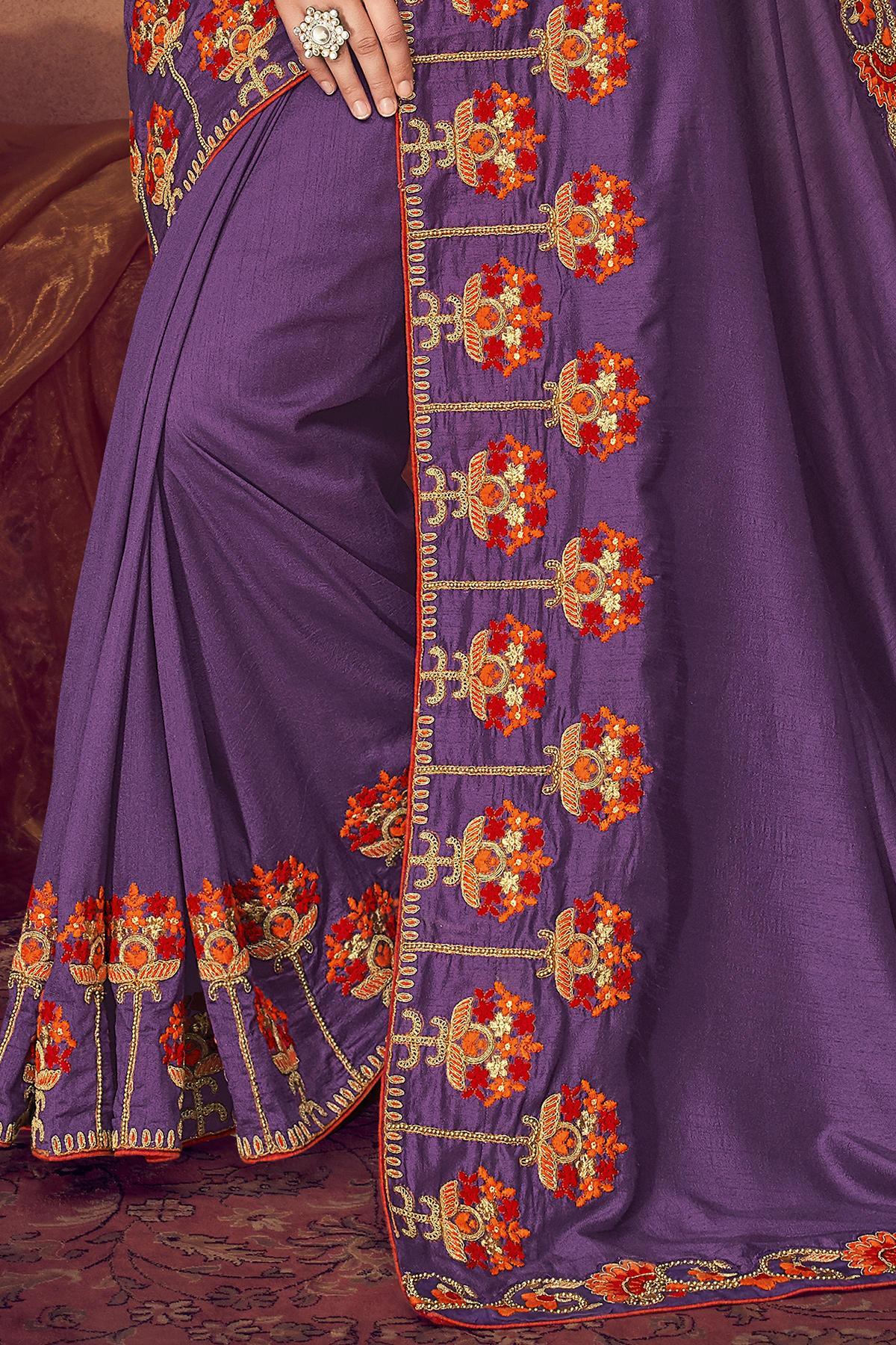 Violet And Candy Red Designer Fancy Fabric Saree