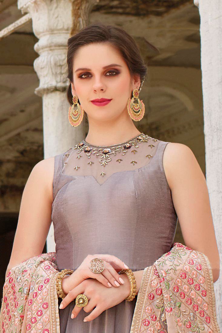 Dusty Gray and Baby Pink Soft Taffeta Silk Gown