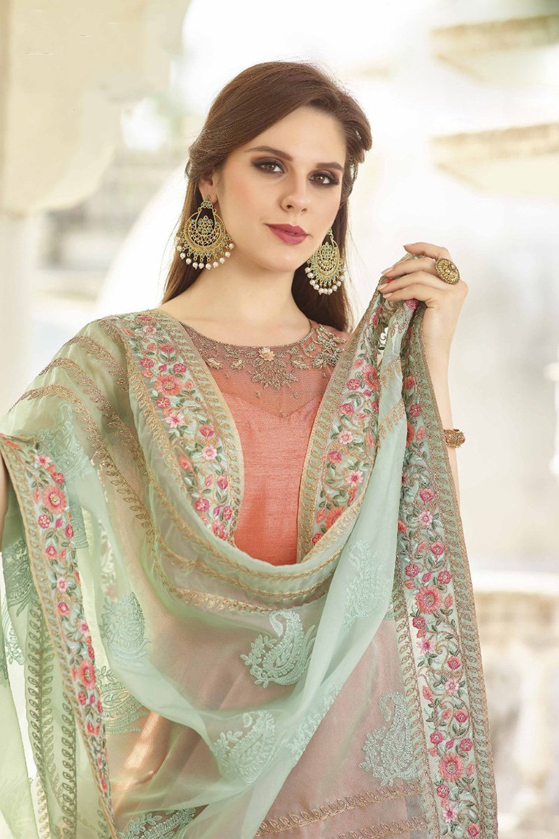 Brass and Mint Green Soft Taffeta Silk Gown