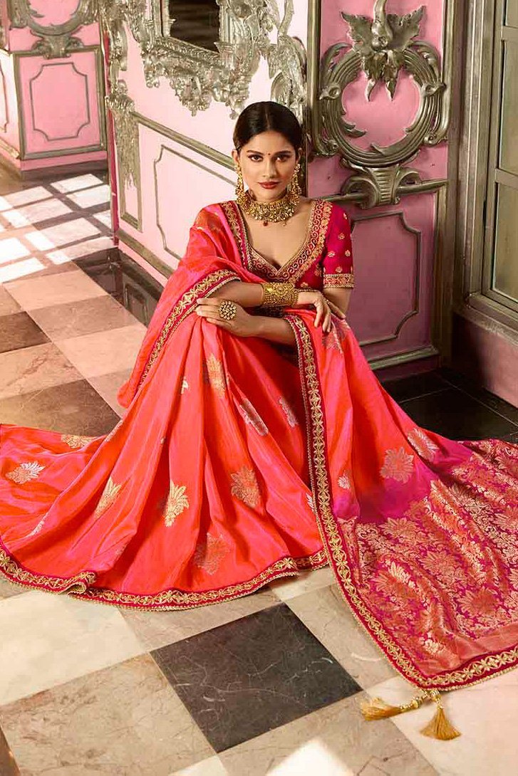 Strawberry and Garnet Red Embroidered Designer Banarasi Silk Saree