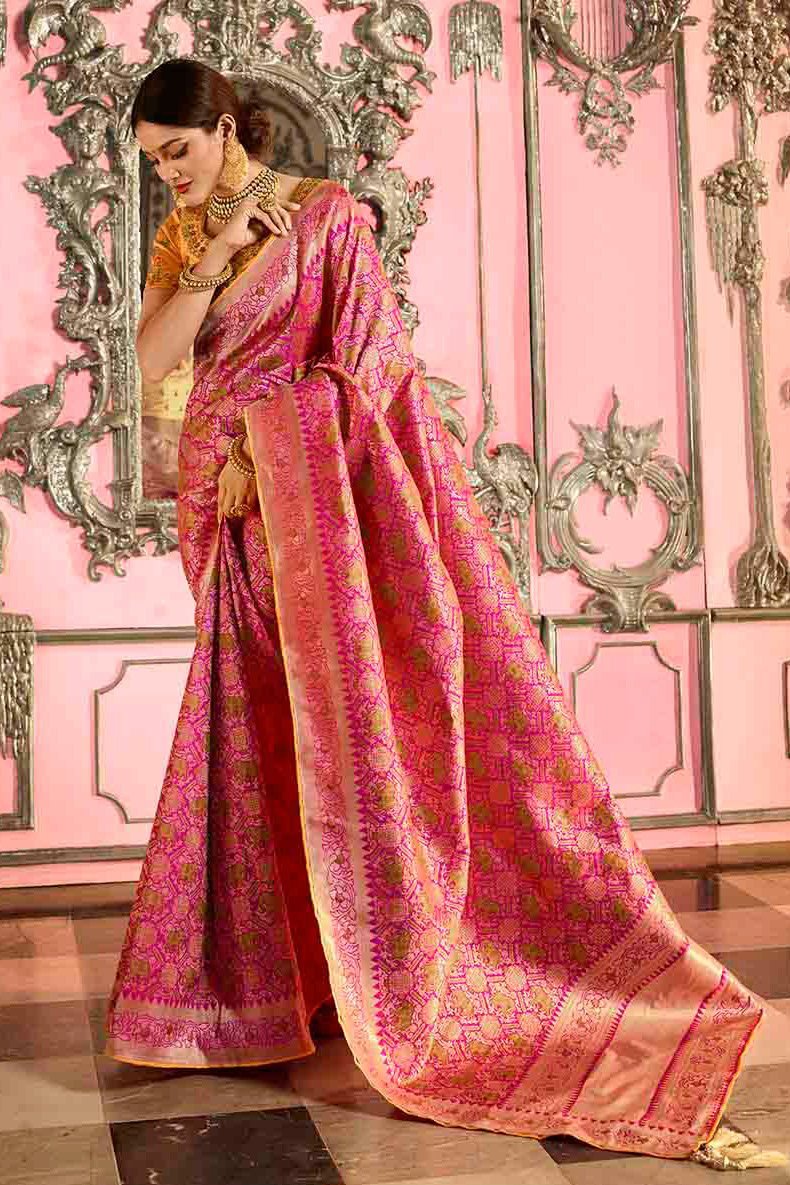 Peach and Mustard Embroidered Designer Banarasi Silk Saree