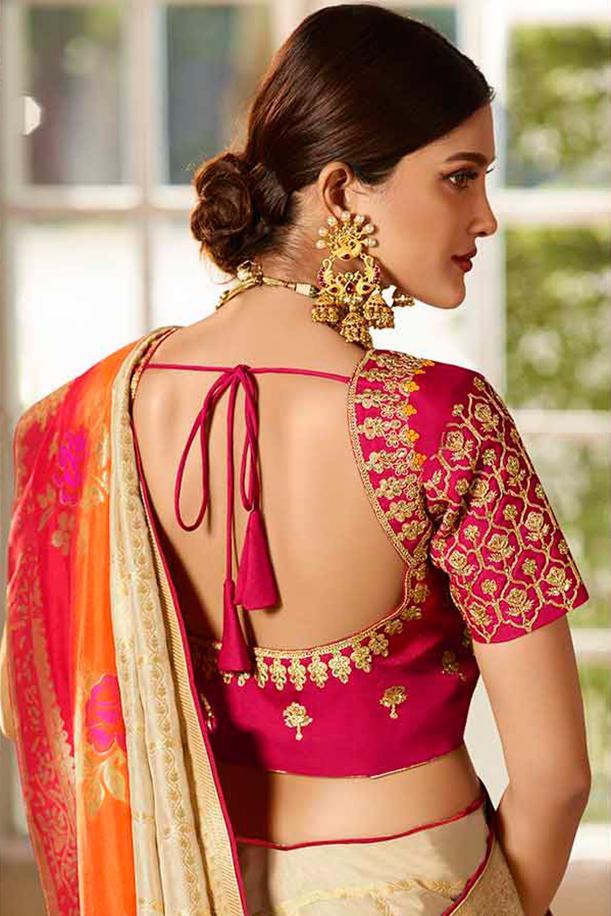 Off White and Magenta Embroidered Designer Banarasi Silk Saree